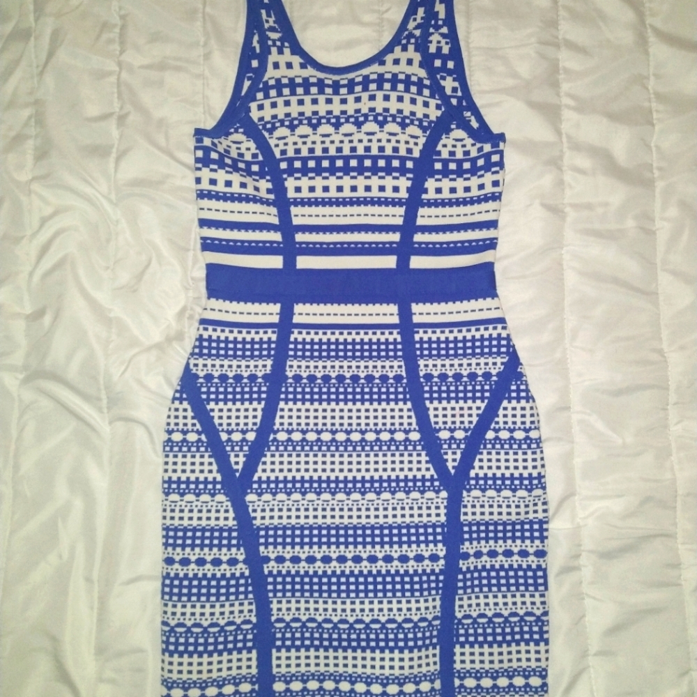 Blue and White Pattern Fitted Dress